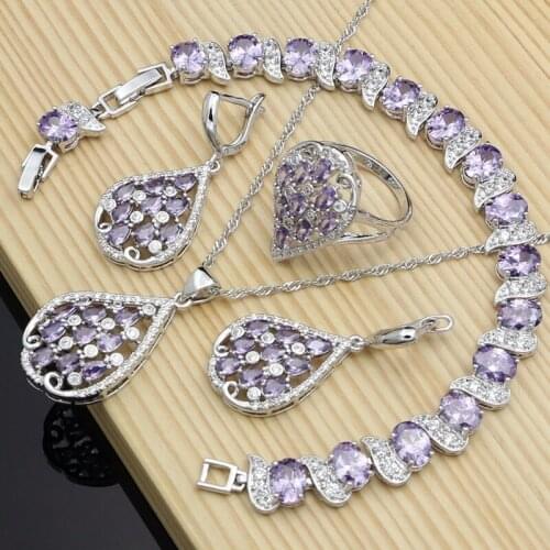 Office Women 925 Silver Jewelry Sets Purple Amethyst Crystal Exquisite Earrings Rings Accessories Necklace Set Dropshipping