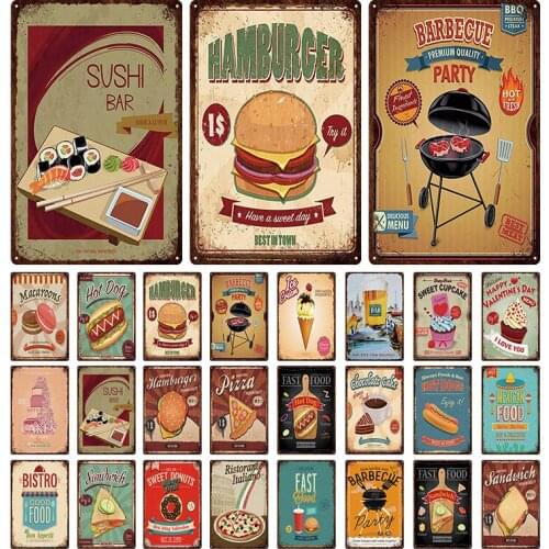 Hamburger Metal Sign Plaque Metal Vintage Fast Food Tin Sign Wall Decor for Kitchen Cafe Diner Bar Burger Metal Signs 20x30cm
