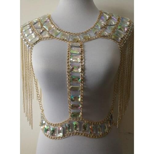 Fashion Style WRB1052 Women Gold Chains AB Colorful Acrylic Beads Necklace Bra Costume Body wear Chain Crop Tops Party Jewelry