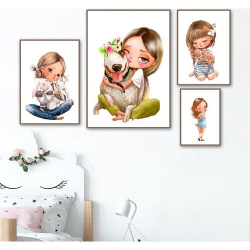 Cartoon Cute Girl Canvas Painting Flower Deer Dog Rabbit Posters Nordic Wall Art Pictures Home Decor Childrens Room Girls Gifts