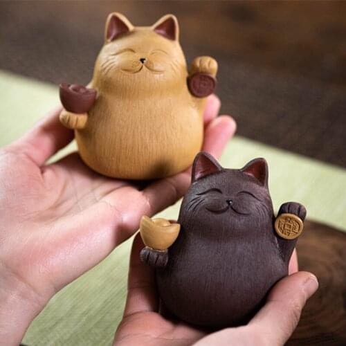 New Purple Clay Tea Pet Cat Decoration Handmade Sculpture Creative Ingot Lucky Cat Can Raise Tea Set Tea TrayDecor Accessories