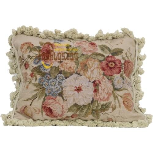 Needlepoint beige cushion Hwoven Decorative Throw eat woolen Floral Roses luxuryofa