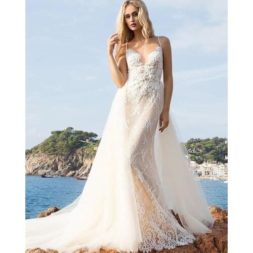 Beaded Appliques Flowers Mermaid Wedding Dresses With Removable Tail Vestido De Novia Sirena Shoulder Straps Elegant Bridal Gown