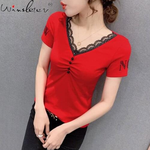 Summer European Style Cotton T-Shirt Girls Chic Sexy Patchwork Lace Women Tops Short Sleeve Shiny Diamonds Tees New 2021 T13119A