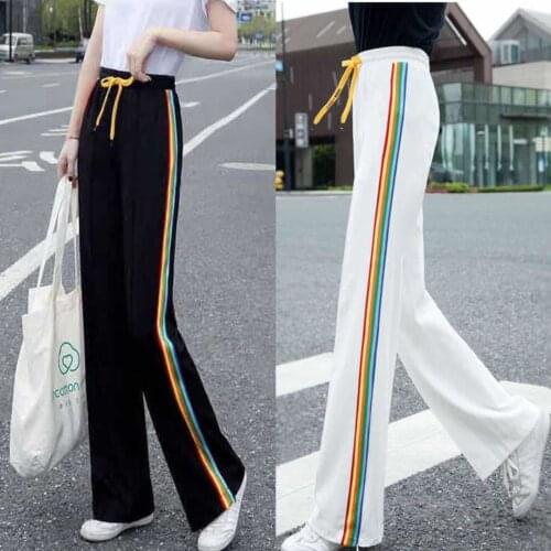 Women Side Stripe Pants Summer Casual Wide Leg Trousers Loose Sweatpants Female Big Size Elastic High Waist Straight Leg Pants