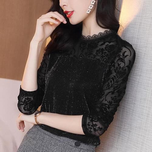 Womens Spring Autumn Style Velvet Blouse Shirt Womens O-Neck Long Sleeve Solid Color Lace Patchwork Elegant Tops SP894