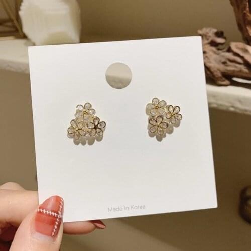 MENGJIQIAO Korean Cute Delicate Zircon Flower Stud Earrings For Women Sweet Hollow Metal Petal Oorbellen Accessories Jewelry