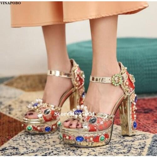 14cm High Heel Lady Retro Sandal Shoes Gemstone Crystal Strap Luxury Sandalias Platform Party Shoes Mujer 2021 Summer Green Gold