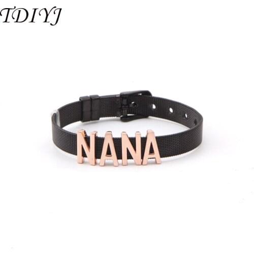 TDIYJ Fashion KEEPER Bracelet Black Stainless Steel Mesh Keeper ing Bracelet with Grandma NANA Slide Charms for Women 1Set