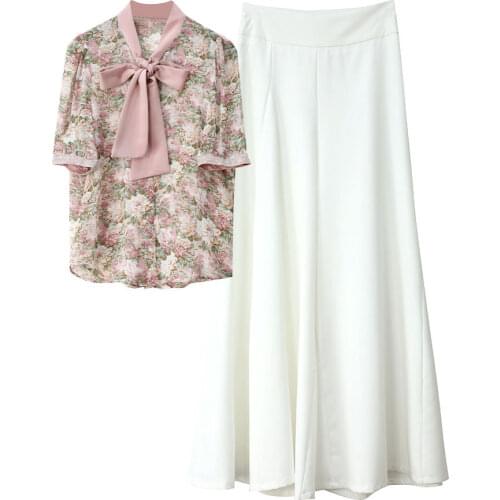 New Korean Fashion Clothing Suits 2021 Summer Women Bow Collar Floral Print Shirts+Wide Leg Long White Pant Sets Female 2pc