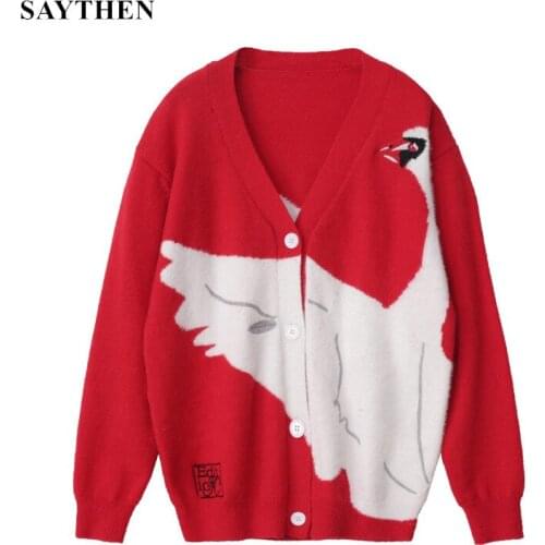 SAYTHEN Autumn Winter Women Sweater Cardigans Long Oversized Casual Knit Swan Jacquard Pattern Knit Coat Warm Color Sweater Tops