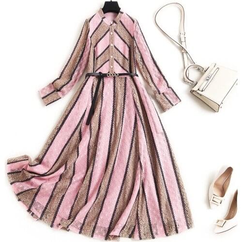 Women Designer Color Block Striped Pink Lace Dress New 2021 Spring Summer Vintage Fashion Big Hem Long Sleeve Dresses Black