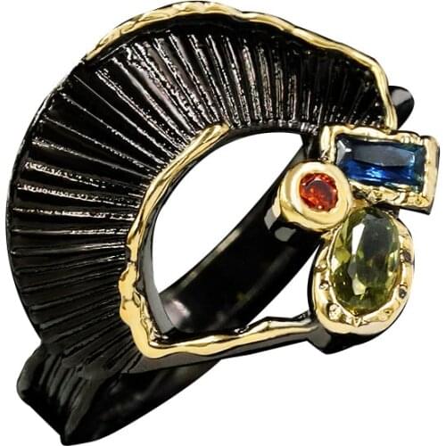 Gold-Black Fan Shaped Crystal Ring Jewelry Geometric Retro Rings For Women Bague Bijoux