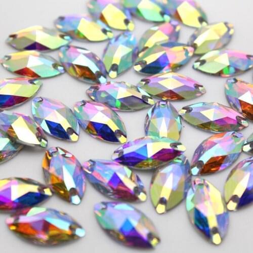 9*18mm 100pcs/lot Navette Resin Flatback Sew On Rhinestone With 2 Holes Crystal AB Color Silver Base DIY Jewelry Accessories