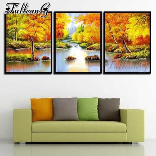 FULLCANG 5d diy diamond embroidery autumn landscape river diamond painting triptych full square round drill decoration FC2196