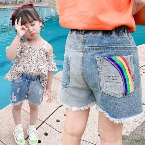 2020 Kids Rainbow Jean Shorts Ripped Pants Summer Casual Streetwear Denim Short Pants for 2 3 5 6 7 8 Years Children Clothes