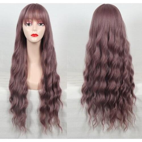 Loryana Long Mix Purple Pink Brown Wigs With Bangs Heat Resistant Synthetic Hair Kinky Curly Wigs for Women
