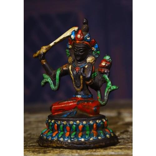 Home Decor 4" Tibet Buddhism Old Bronze Engraved Tracing Manjushri Buddha statue Enshrine the Buddha Town House Exorcism