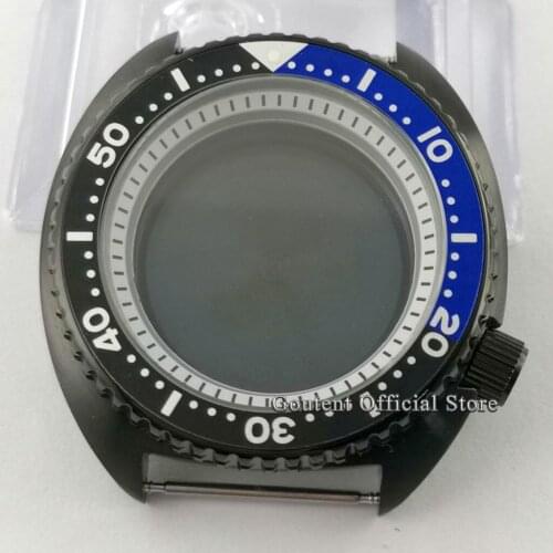 Goutent 45mm Black PVD Watch Case White Chapter Ring Sapphire glass Black&Blue Alloy Bezel Insert Fit NH35 NH36 Movement