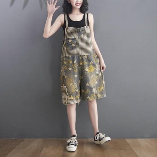 Summer Style Women Striped Star Printed Denim Jumpsuits Ripped Jeans Knee Length Strap Overalls Rompers Streetwear Pocket Pants