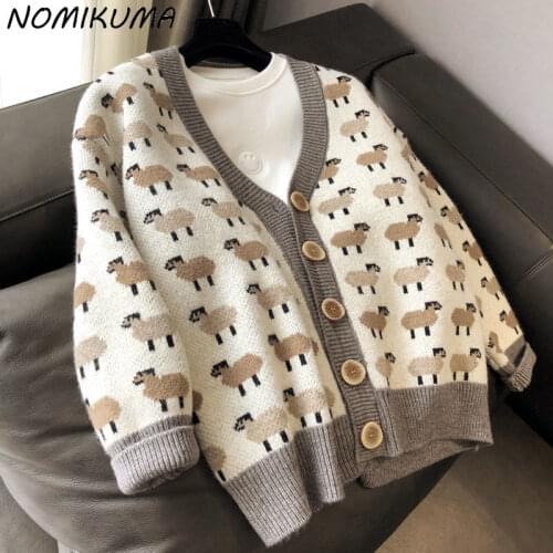 Nomikuma Korean Funny Cartoon Oversize Cardigan Sweater Causal Long Sleeve V-neck Knitted Coat 2021 Autumn Winter Knitwear 6K649