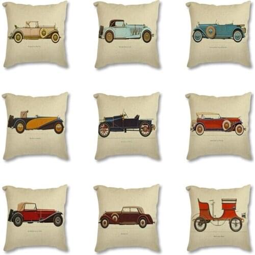 Square Pillow Case Decorative Pillowcase Antique Car Geometric Print Linen Cushion Cover for Sofa Car Home Decor Pillow Covers