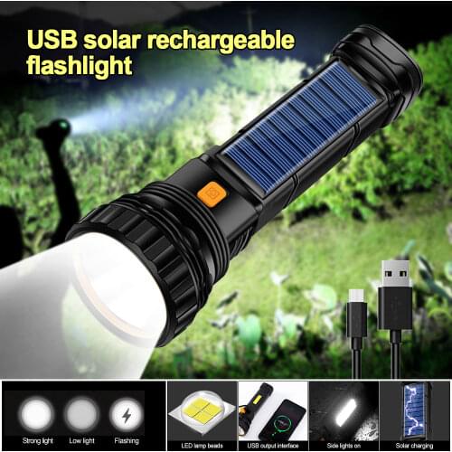Powerful 2000LM LED Solar Flashlight Torch 3 Modes USB charging Camping Lantern COB Side Light Phone Charger Waterproof Light