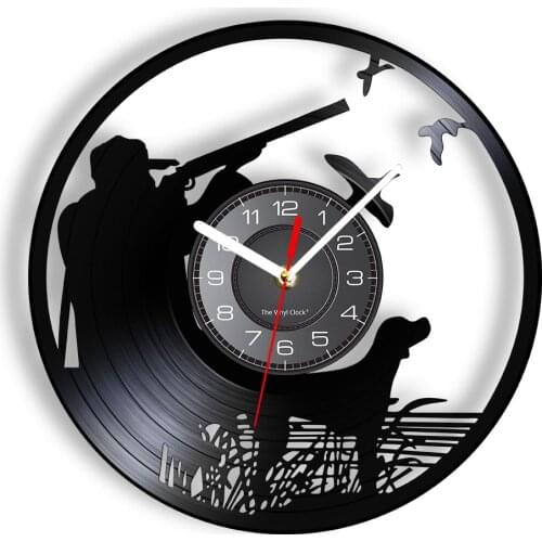 Hunting Along The Lake Vinyl Record Wall Clock Creative Outdoorsy Animal Theme Vintage Illuminated Wall Watch Hunters' Art-Decor