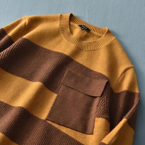 Autumn Winter New Original Long Sleeve O-neck Striped Pocket Sweater Mens Fashion Japanese Loose Casual Knitted Pullover Coat