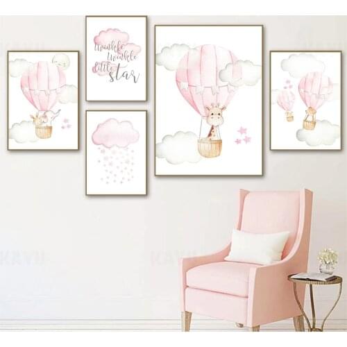 Giraffe Elephant Balloon Poster Pink Star Cloud Canvas Print Nursery Wall Art Painting Nordic Wall Pictures Baby Girl Room Decor