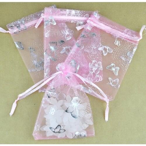 Hot Sale 100pcs/lot 7x9cm Pink Organza Bags Small Christmas Wedding Jewelry Packaging Bags Drawstring Organza Gift Bag Pouches