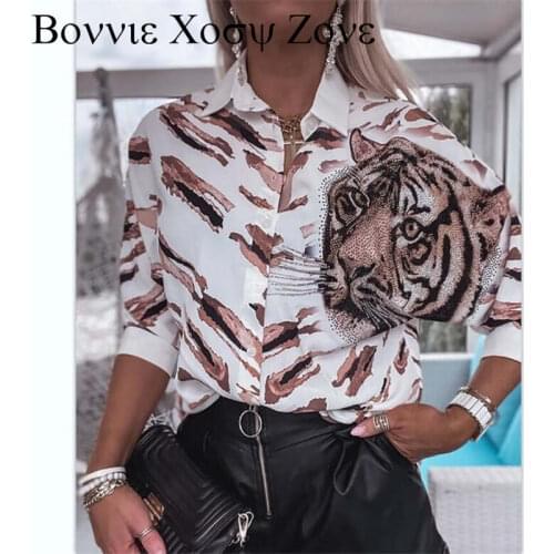 Turn-down Collar Animal Long Sleeve Tiger Print Colorblock Studded Shirt Chic Blouse Top For Women 2021