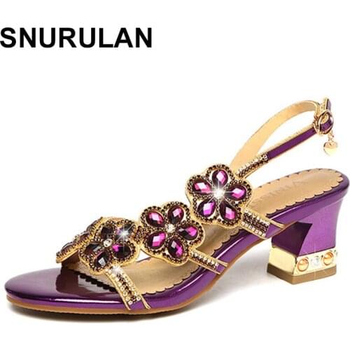 SNURULAN Womens sandals 2021 new flowers Roman womens shoes buckle rhinestone thick heel crystal shoes diamond-studded womens