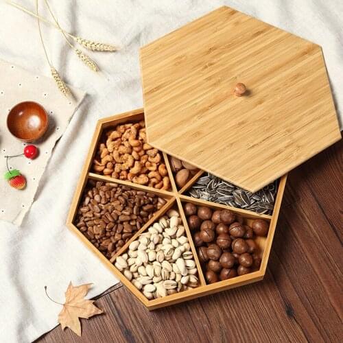 Natural bamboo dried fruit platter creative partition with cover living room simple candy tray snack melon seeds tray plate