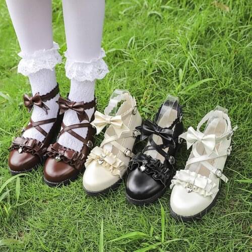 Lovely Girl Lolita Shoes Student Women Pu Leather Shoes Lace Bowknot Bell Princess Shoes Ankle-strap Mary Janes