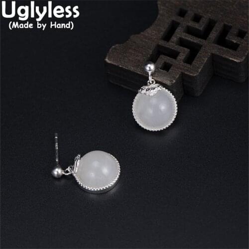 Uglyless Perfect Round Natural Jade Studs Earrings for Women 925 Silver Minimalism Gemstone Jewelry Simple Fashion Brincos Vogue