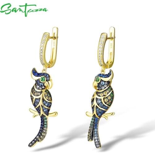 SANTUZZA Silver Earrings For Women 925 Sterling Silver Gold Color Sparkling Blue CZ Lovely Bird Drop Earrings Fine Jewelry