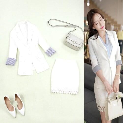 Set female spring and summer new large size one button white seven-point sleeve small suit + bag hip lace skirt two-piece