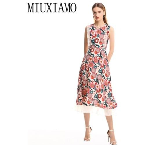 MIUXIMAO 2019 Spring&Summer Long Dress New Arrival Beading o-Neck Sleeveless Floral Print Ankle-Length Dress Women vestido