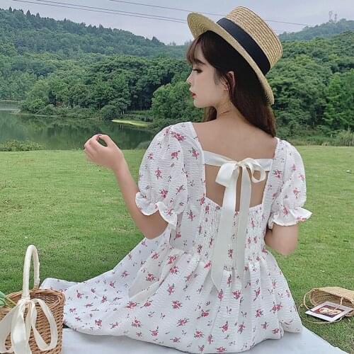 French Non-Mainstream Lace-up Bow Backless Square Collar Summer Back Puff Sleeve Floral Chiffon Dress Womens sweet Lolita dress
