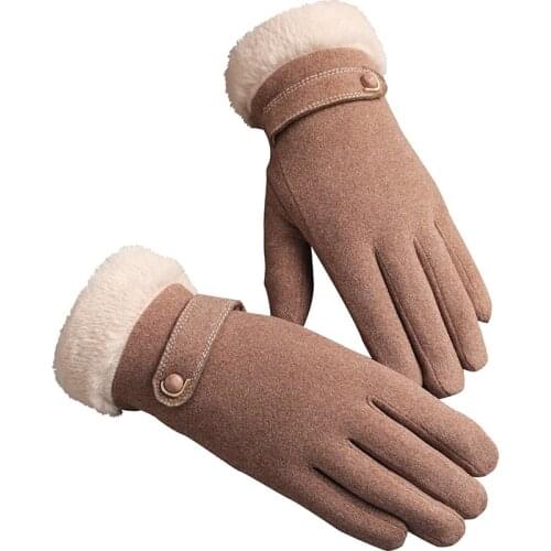 Winter Women Button Touch Screen Warm Driving Ski Mitten Suede Leather Double Layer Plush Wrist Thick Sport Cycling Glove F26