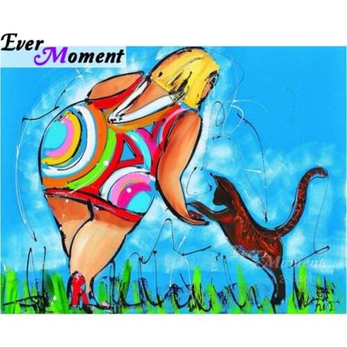Ever Moment Diamond Painting Lady Feeding Cat DIY 5D Diamond Embroidery Rhinestones Portrait Wall Painting Craft Hobby ASF901