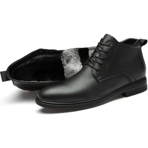 Men Boots Genuine Leather Autumn Leather Shoe Male High Top waterproof Motorcycle Boot Winter Boot Plush Fur Warm Snow Shoes