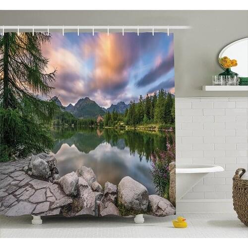 Scenery House Decor Shower Curtain Idyllic View with Tree on Still Lake Surrounded by Mountains and Moody Sky Bathroom Decor