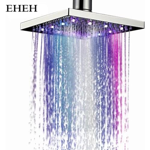 EHEH 8 inch LED Light Waterfall Top Shower Head Rainfall Showerhead Colorful Light Stainless Steel Square Shower Sprayer