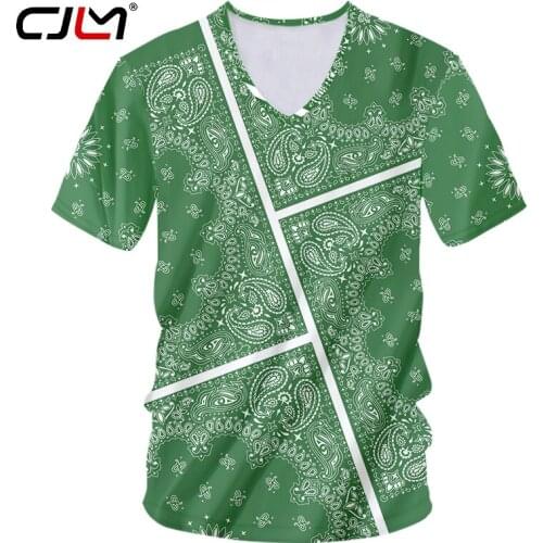 CJLM Mens Green V-Neck T-shirts 3D Full Body Printed High Quality T-shirt Grass Color Rule Flower Tees Art Line Totem Oversized