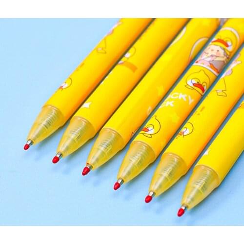6pcs 0.5mm Fine Point Gel Pens Cute Cartoon Yellow Lucky Duck Gel Pen Black Pen for Writing Note Bullet Head Press Type