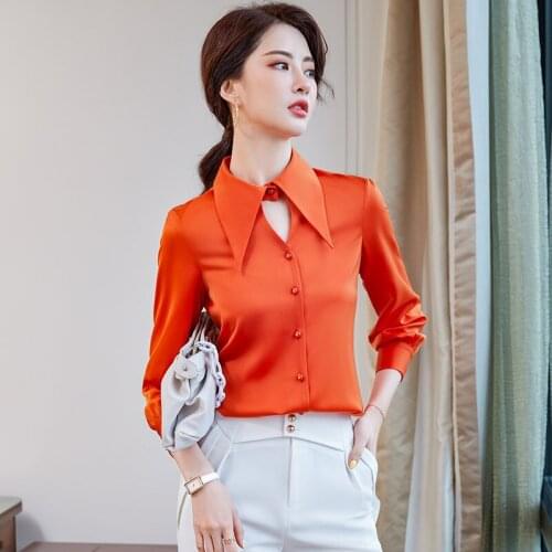 IZICFLY Autumn Spring Korean New Style Big Collar Orange Shirt Women Slim Casual Office Fashion Elegant Blouse Plus Size Work