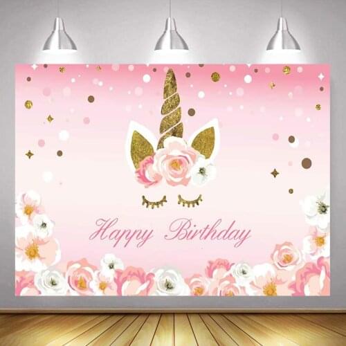 Beautiful Golden Unicorn Flowers Pink Background Girl Birthday Party Decoration Photography Studio 3D Digital Backdrop Cloth