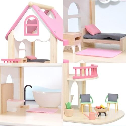 Dollhouses Miniature Princess Pink Castle Wooden Play House Pretend Toys Playset with Doll Accessories